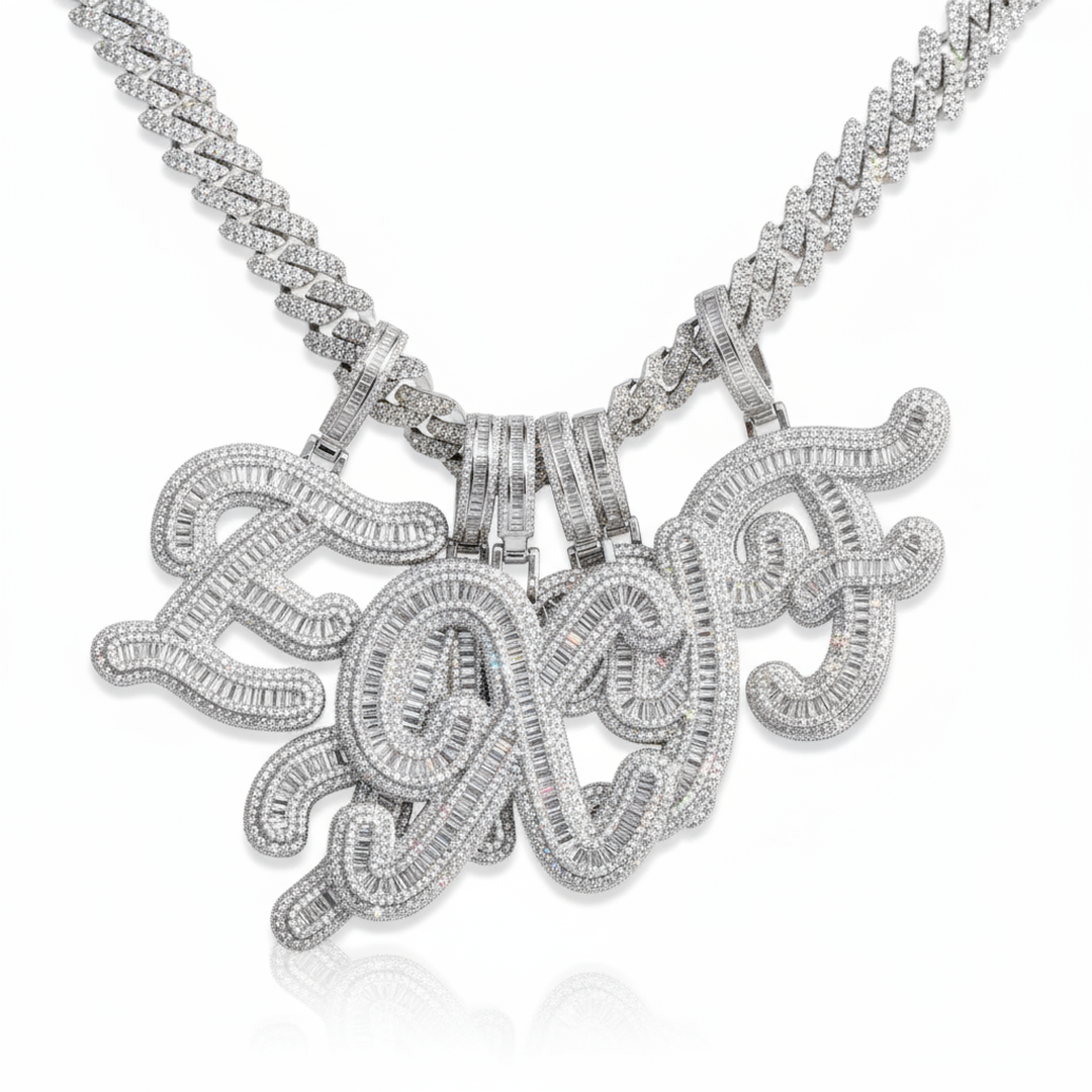 Silver necklace with intricate design on a white background