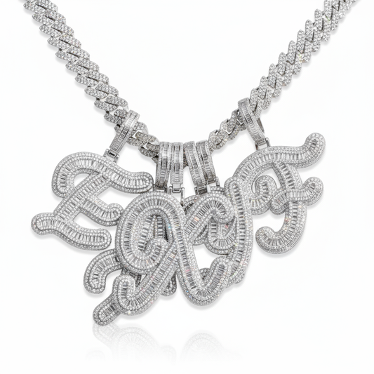 Silver necklace with intricate design on a white background