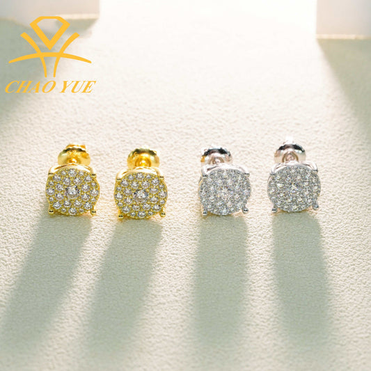 Four pairs of earrings in gold and silver on a light background with 'CHAOYUE' branding.