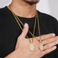 Gold necklaces with Hamsa hand pendants worn by a person