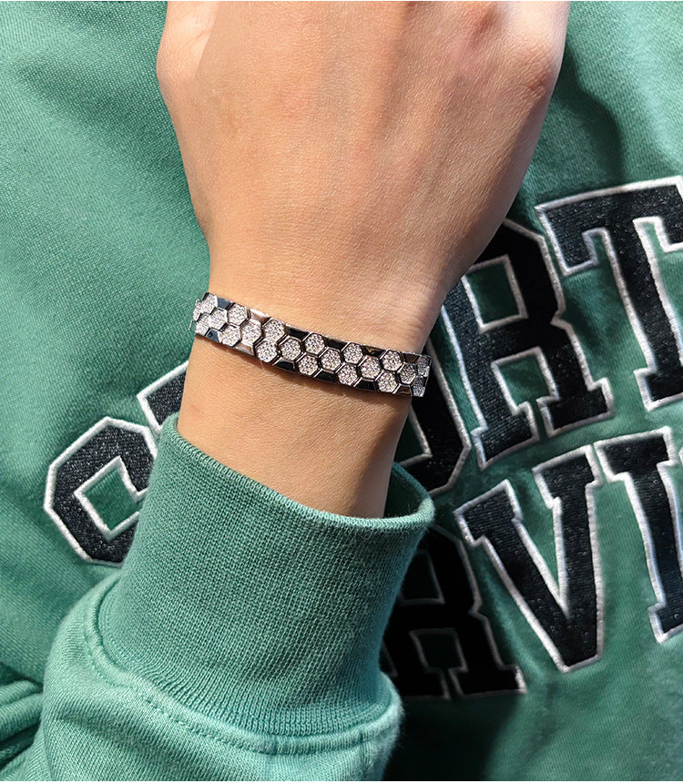 Female Model: Model wearing the bracelet on wrist, alone or stacked with other bracelets