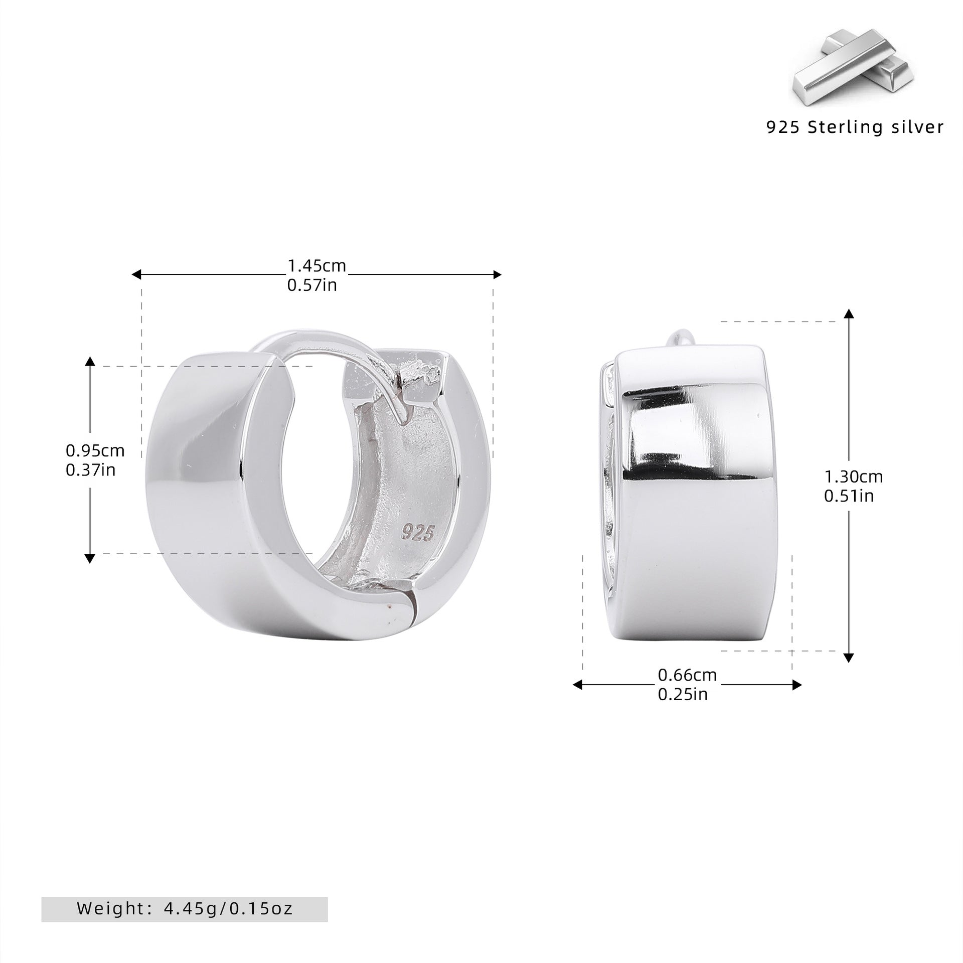 Silver hoop earrings with measurements and material information on a white background