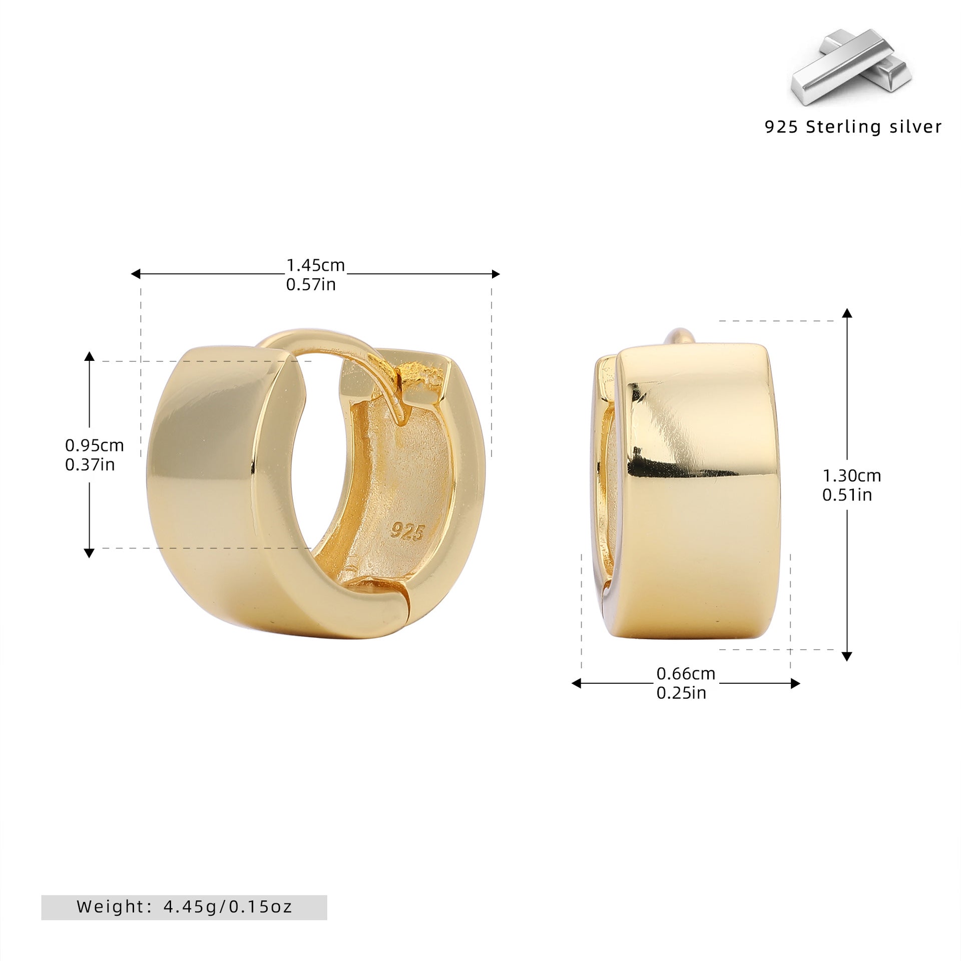 Gold hoop earrings with measurements on a white background