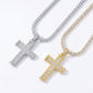 Two diamond-studded cross pendants on chains against a white background