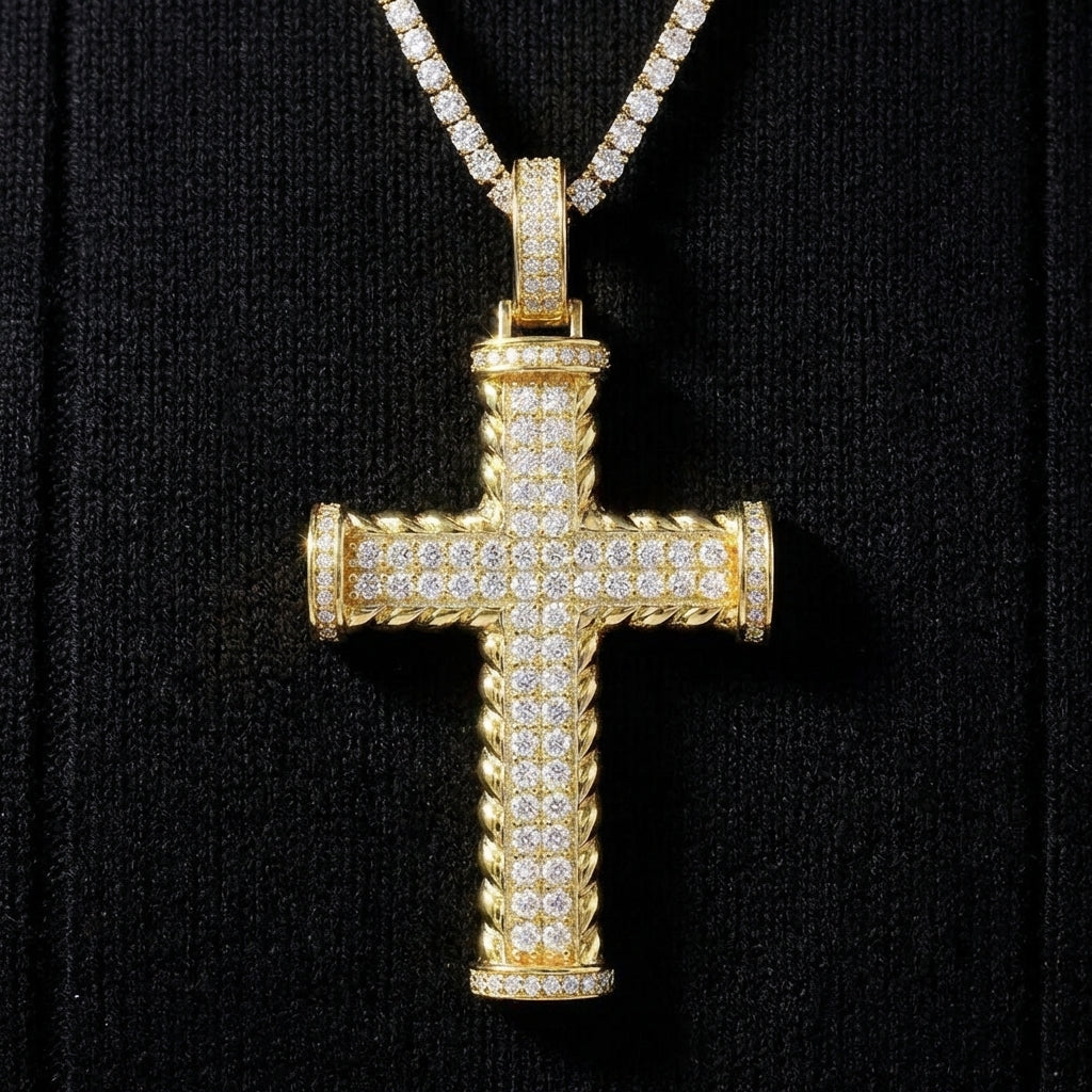 Clean black or dark background (to maximize sparkle contrast) — the iced-out moissanite SWIRL cross pendant displayed on a bust form or flat surface. The flowing curved silhouette catches light from multiple angles, showcasing the organic movement and exceptional moissanite fire.