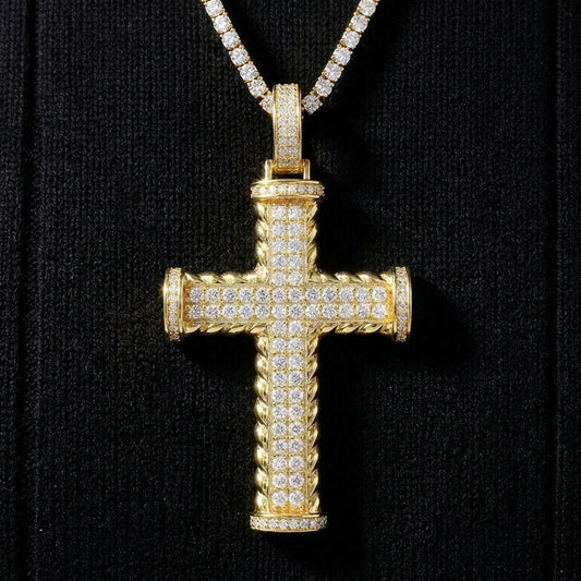 Clean black or dark background (to maximize sparkle contrast) — the iced-out moissanite SWIRL cross pendant displayed on a bust form or flat surface. The flowing curved silhouette catches light from multiple angles, showcasing the organic movement and exceptional moissanite fire.