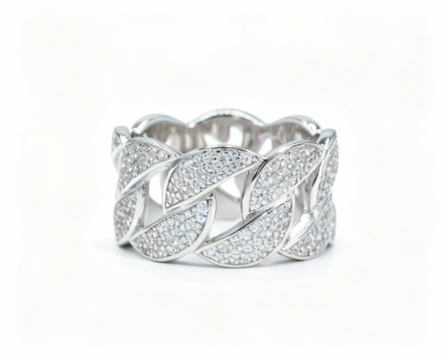 Iced_Out_3-Row_Crescent_Moissanite_Ring_for_Men_925_Sterling_Silver_Hip_Hop_Bling_JewelrySilver ring with leaf-like design on a white background