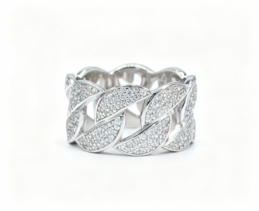 Iced_Out_3-Row_Crescent_Moissanite_Ring_for_Men_925_Sterling_Silver_Hip_Hop_Bling_JewelrySilver ring with leaf-like design on a white background