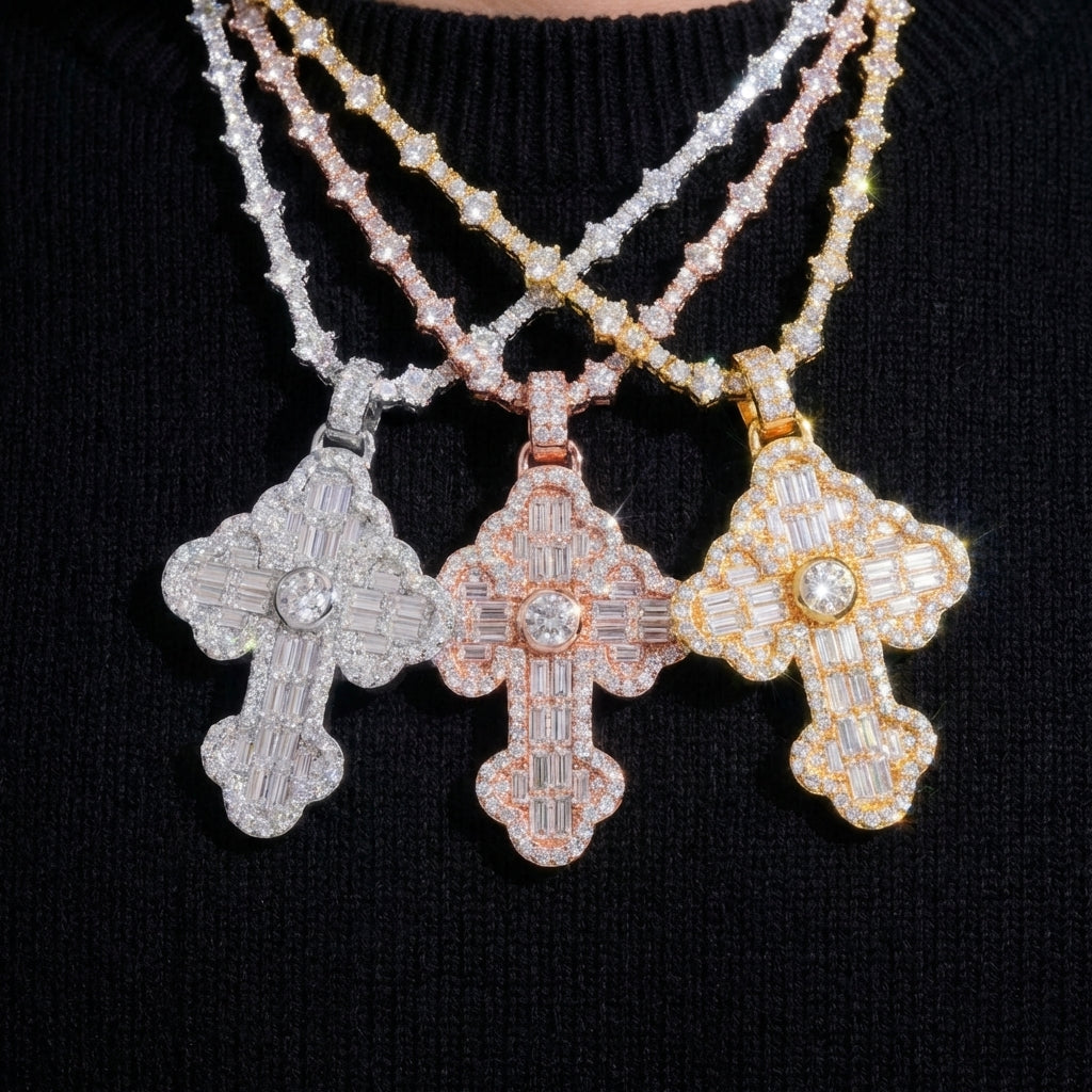 Clean black or dark background (to maximize sparkle contrast) — the iced out moissanite cross pendant displayed on a bust form or flat surface. The fully pavé cross catches bright light, showcasing exceptional fire, brilliance, and maximum ice coverage from every angle.