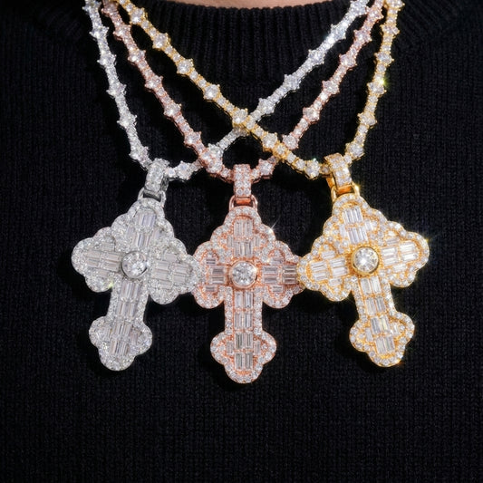 Clean black or dark background (to maximize sparkle contrast) — the iced out moissanite cross pendant displayed on a bust form or flat surface. The fully pavé cross catches bright light, showcasing exceptional fire, brilliance, and maximum ice coverage from every angle.