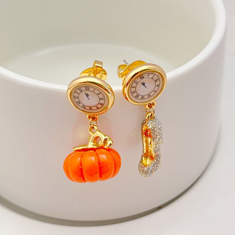  Earrings displayed side by side on a soft midnight blue or fairy tale-inspired background, showcasing the glass slipper heel and pumpkin clock charms. Alt: “Kate Spade Cinderella High Heels and Pumpkin Clock Earrings – Fairy Tale Novelty Jewelry.”