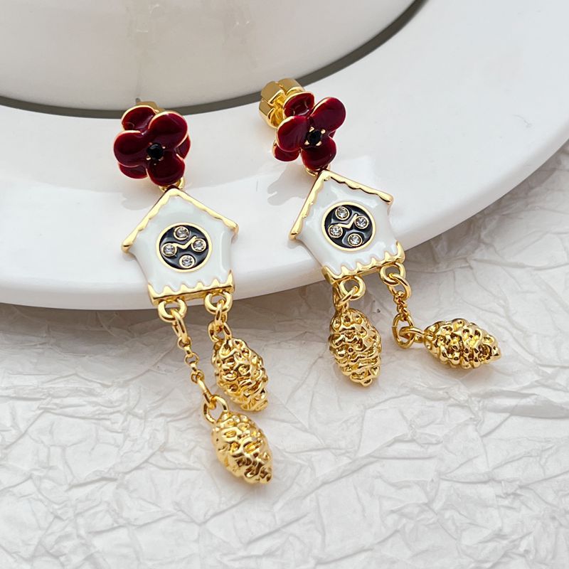 Earrings on a soft cream or French blue background, showcasing the miniature cuckoo clock charms with bird and pendulum details. Alt: “Kate Spade Ooh La La Cuckoo Clock Earrings NEW – Whimsical Enamel Drop Jewelry.”