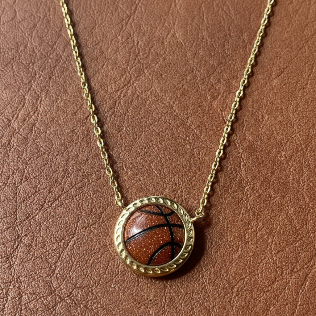 Necklace with a basketball pendant on a brown leather background
