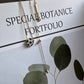Necklace with a football pendant on a 'Special Botanice Portfolio' paper with green leaves.