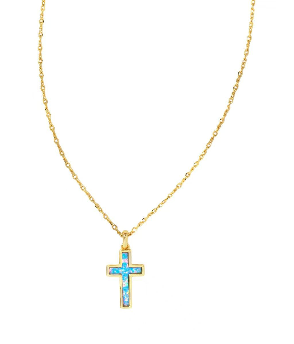 Clean, simple shot of the necklace laid flat or worn, against a plain background, clearly showing the cross pendant and chain.