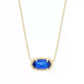 Gold necklace with a blue pendant on a white background