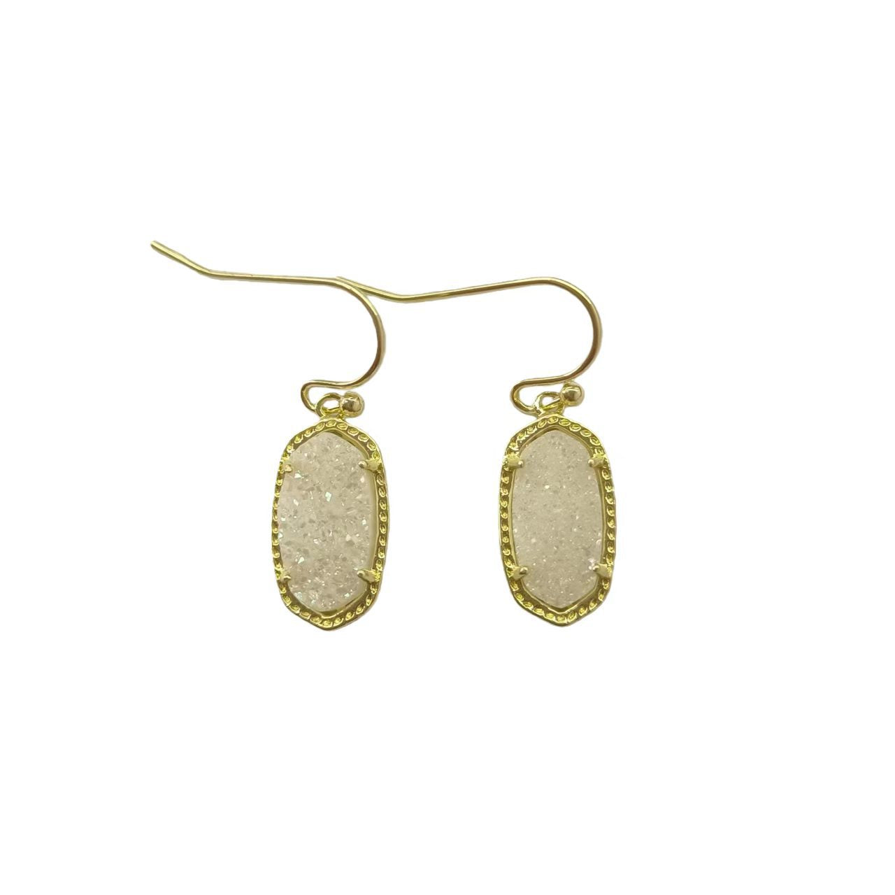 Clean shot of the earrings against a soft, neutral background, showcasing the rose quartz stone and gold setting.
