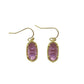 Clean shot of the earrings against a soft, neutral background, showcasing the rose quartz stone and gold setting.