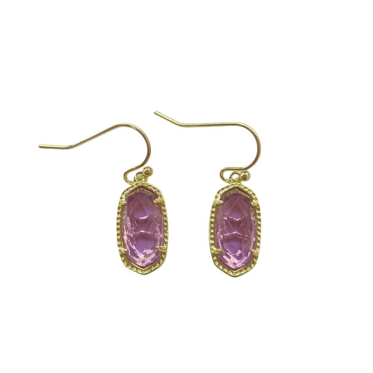 Clean shot of the earrings against a soft, neutral background, showcasing the rose quartz stone and gold setting.