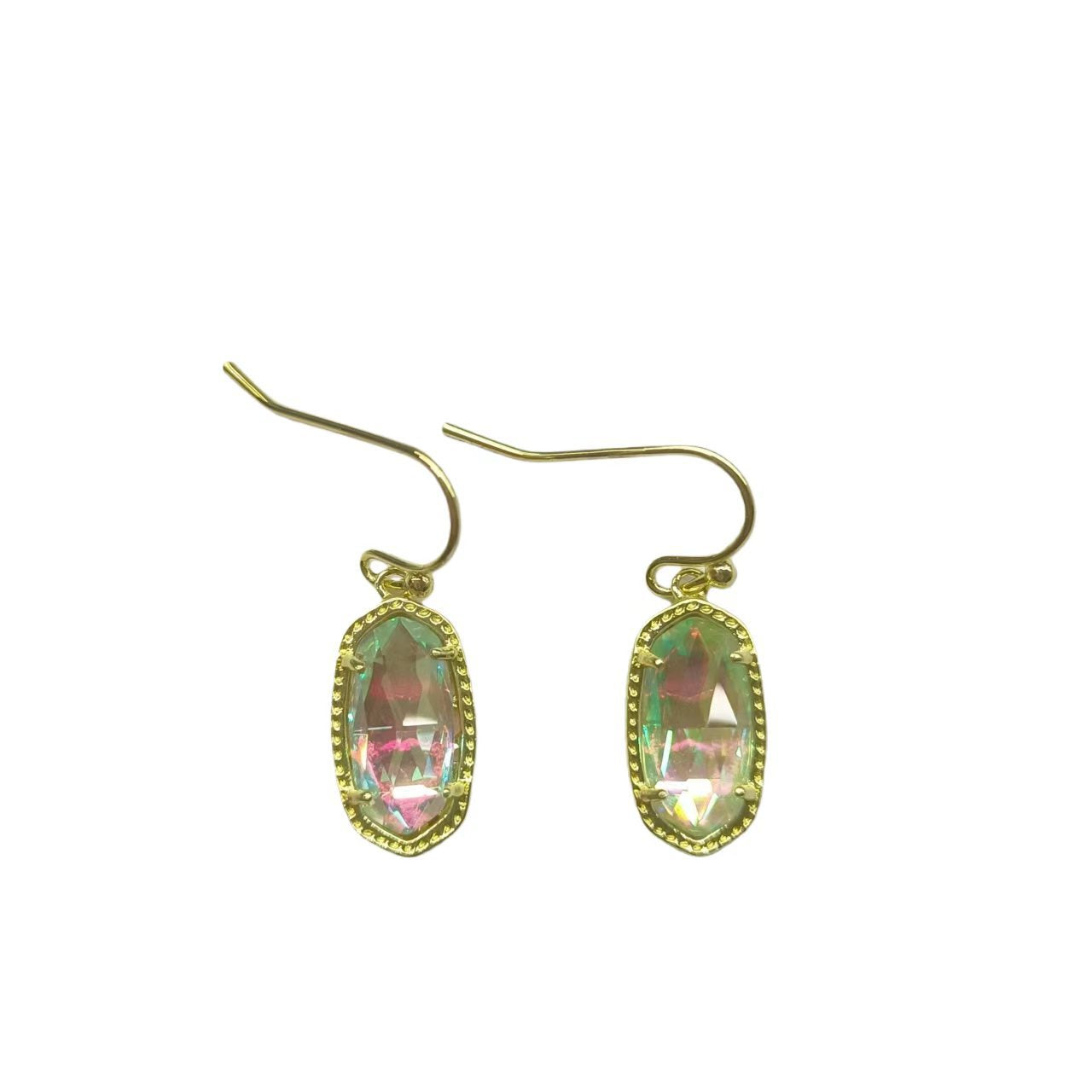 Clean shot of the earrings against a soft, neutral background, showcasing the rose quartz stone and gold setting.