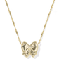 Clean shot of the necklace laid flat or worn, against a light background, clearly showing the bow pendant and short chain length.