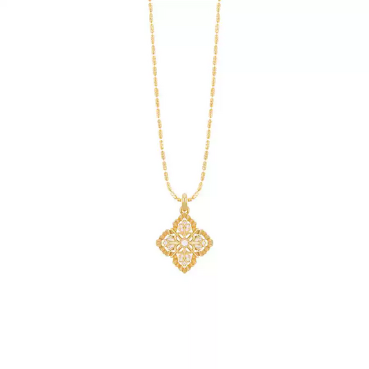 Gold necklace with a diamond pendant on a white background