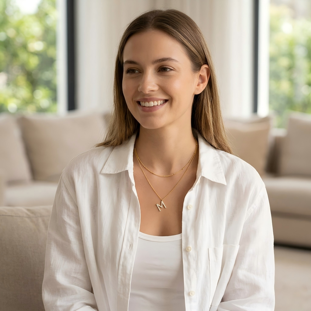 Female model wearing both necklaces layered together on bare skin or with an outfit.
