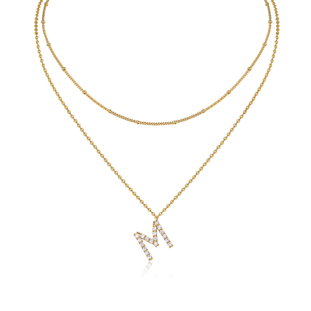 High-definition shot of both necklaces laid flat together on pure white background, arranged to show the layered effect.