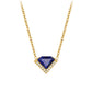 Gold necklace with a blue gemstone pendant on a white background