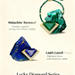 Jewelry set with malachite and lapis lazuli stones on a light beige background.