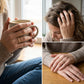 Collage of a person holding a mug, resting their head, and showing hands with a ring.