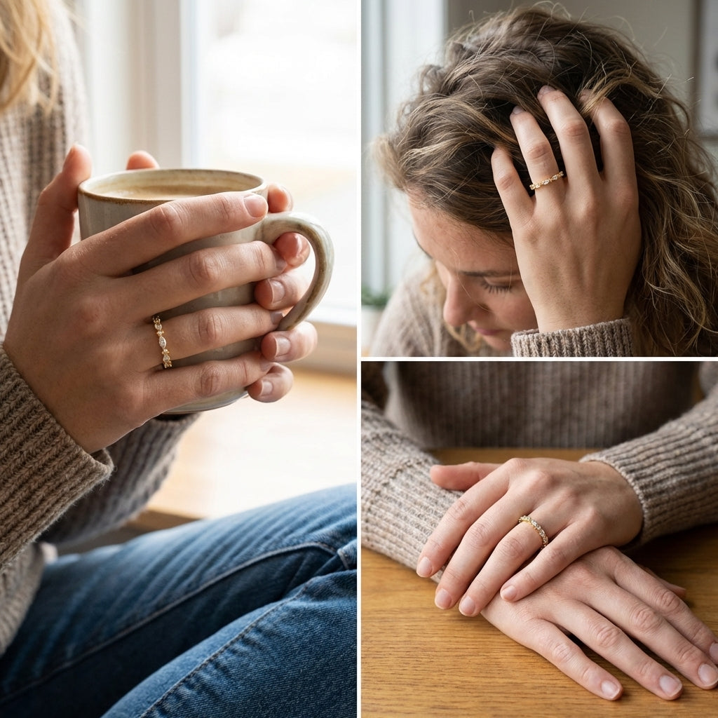 Collage of a person holding a mug, resting their head, and showing hands with a ring.