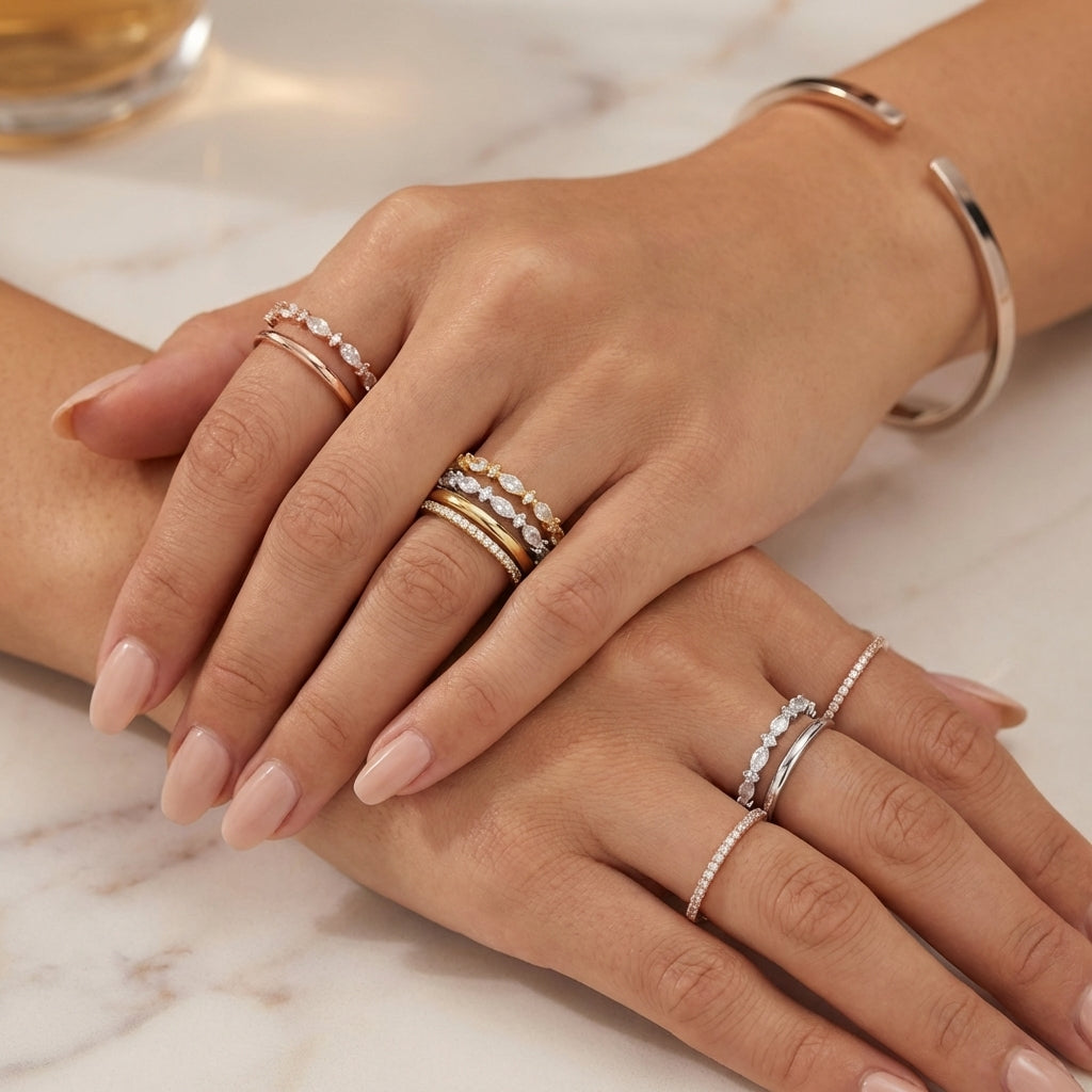 Close-up of hands wearing multiple rings on a marble surface