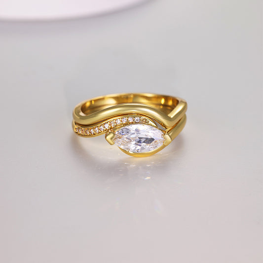  Yellow gold marquise stacking set on neutral background. Alt: “Marquise Diamond Stacking Ring Set – 18K Yellow Gold.”