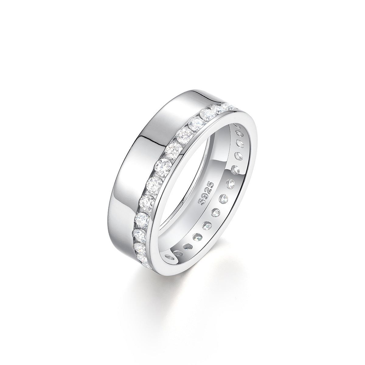 Side-by-side flat lay featuring masculine and feminine ring styles on a neutral backdrop. Alt: “Men and Women's Moissanite Eternity & Engagement Rings – Unisex Collection.”
