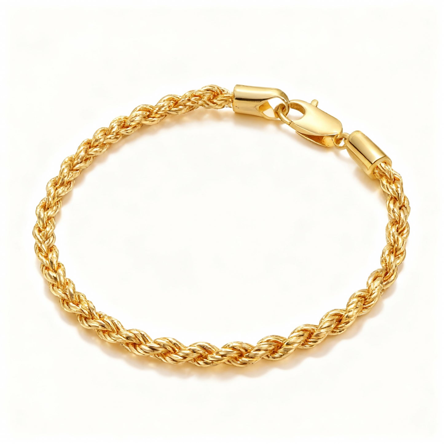 “Men’s gold-tone sterling silver twisted rope bracelet flat lay on white background”