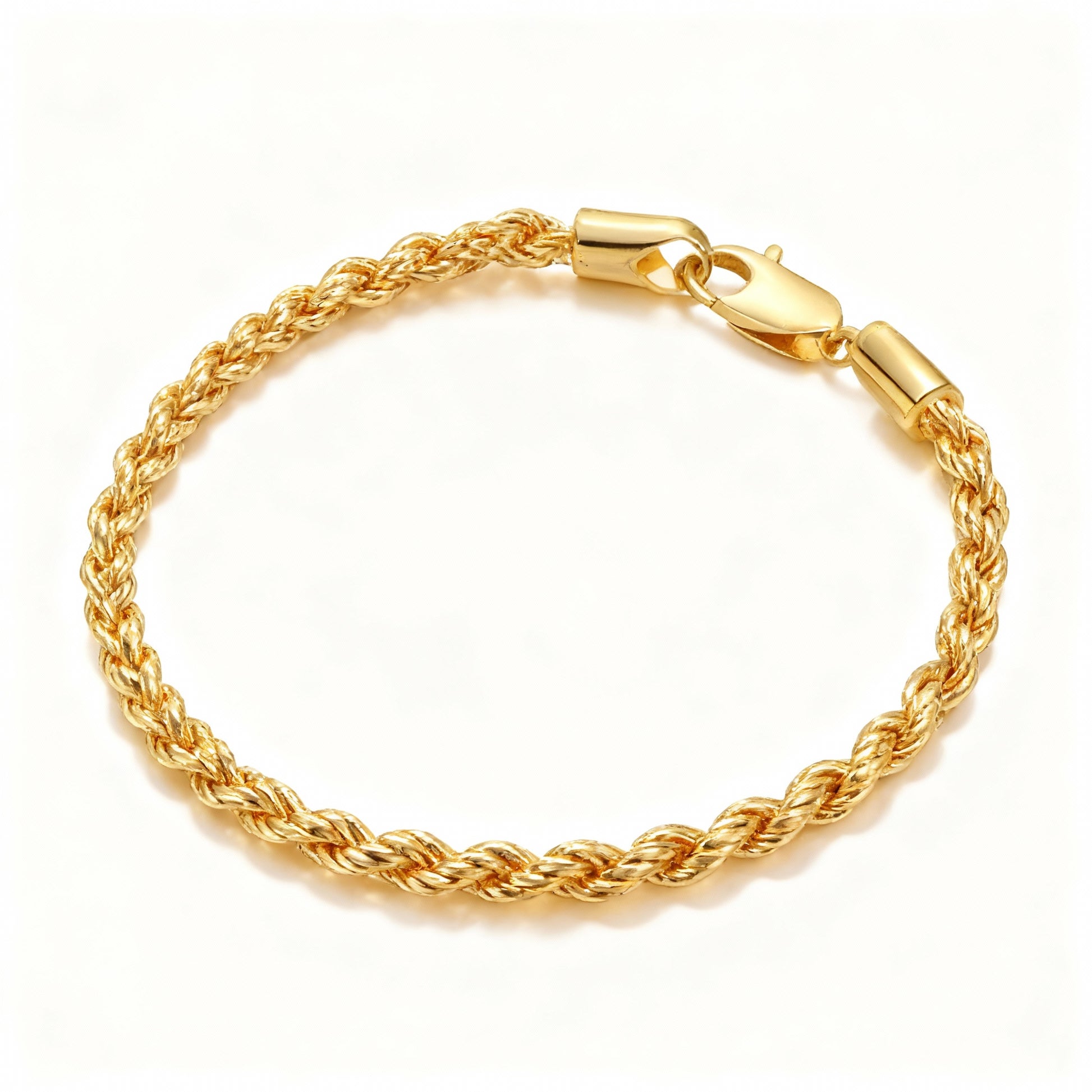 “Men’s gold-tone sterling silver twisted rope bracelet flat lay on white background”