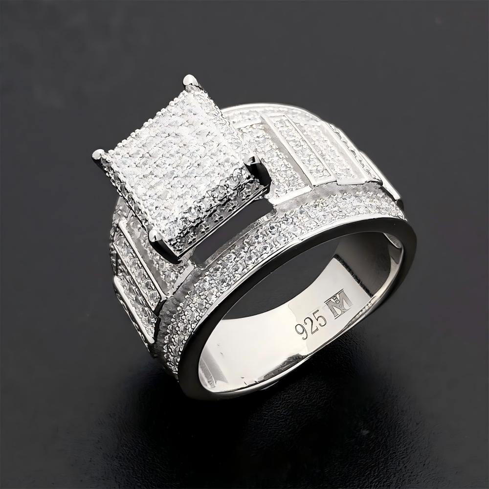 Grid showing multiple ring styles on dark background. Alt: “Men's Moissanite Ring Collection – Gold Hip-Hop.”
