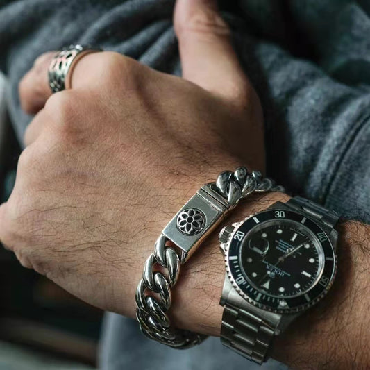 Elevate your street style with this men’s punk sterling silver bracelet. Featuring a unique sakura design and polished hip-hop finish, this bold bangle is the perfect gift for fashion-forward men.
