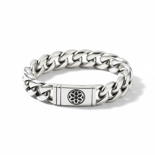 Men_s_Sterling_Silver_Bracelet_Street_Style_Hip-Hop_Bangle_with_Polished_FinishSilver chain ring with a central emblem on a white background