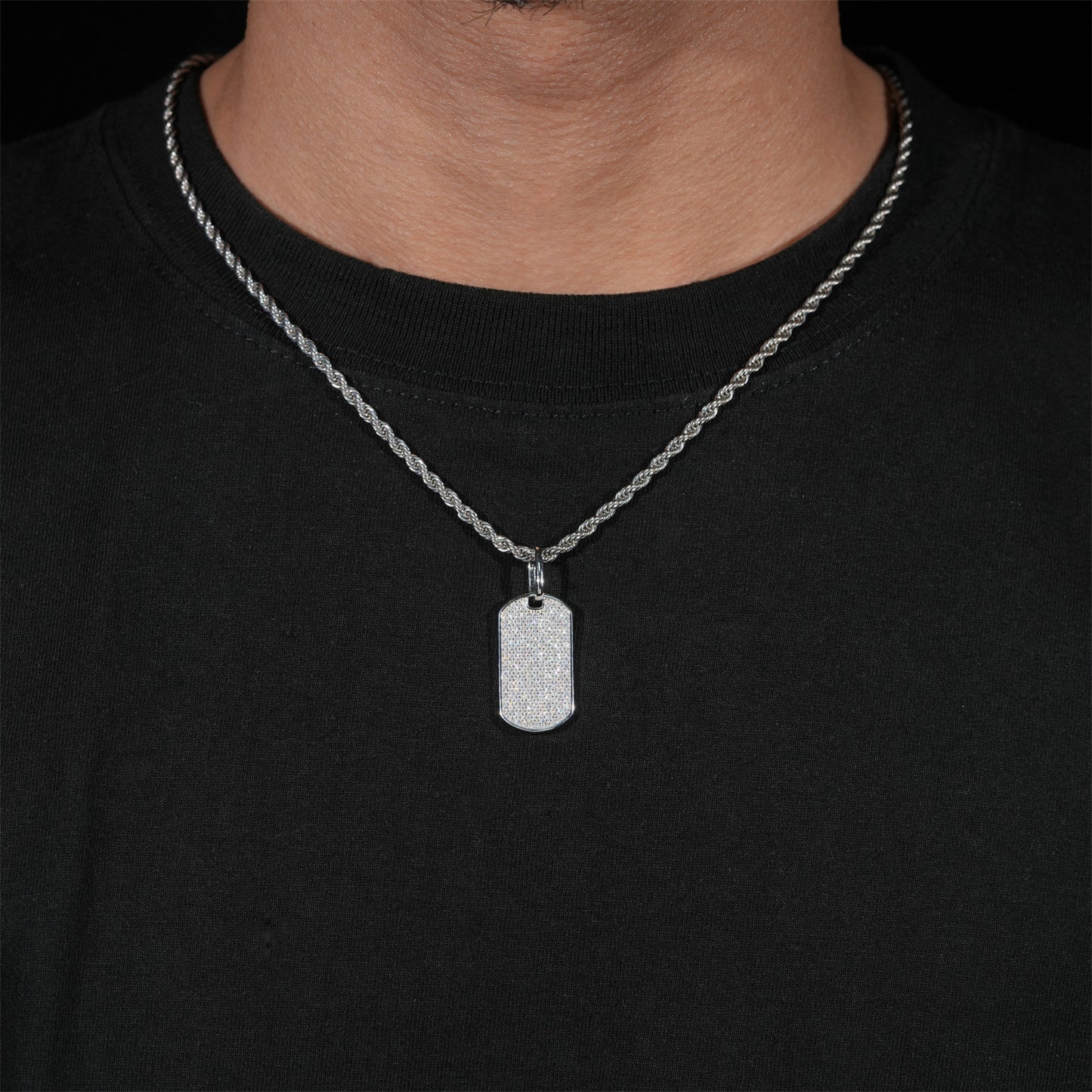 Sterling silver men's chevron tag pendant with embedded diamonds from Zerra Jewelry, showcasing intricate design and sparkling accents.
