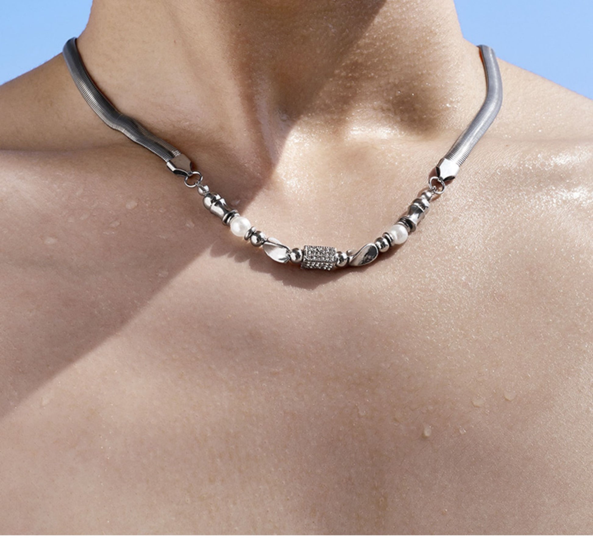 “S925 sterling silver snake chain necklace for men flat lay minimalist design”