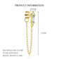 Gold earring with chain detail and product information on a white background