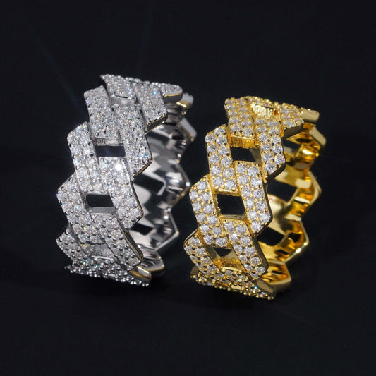  Gold 2-row cuban ring on neutral background, showing double pavé sparkle. Alt: “Moissanite 2-Row Cuban Link Ring – 18K Gold.”
