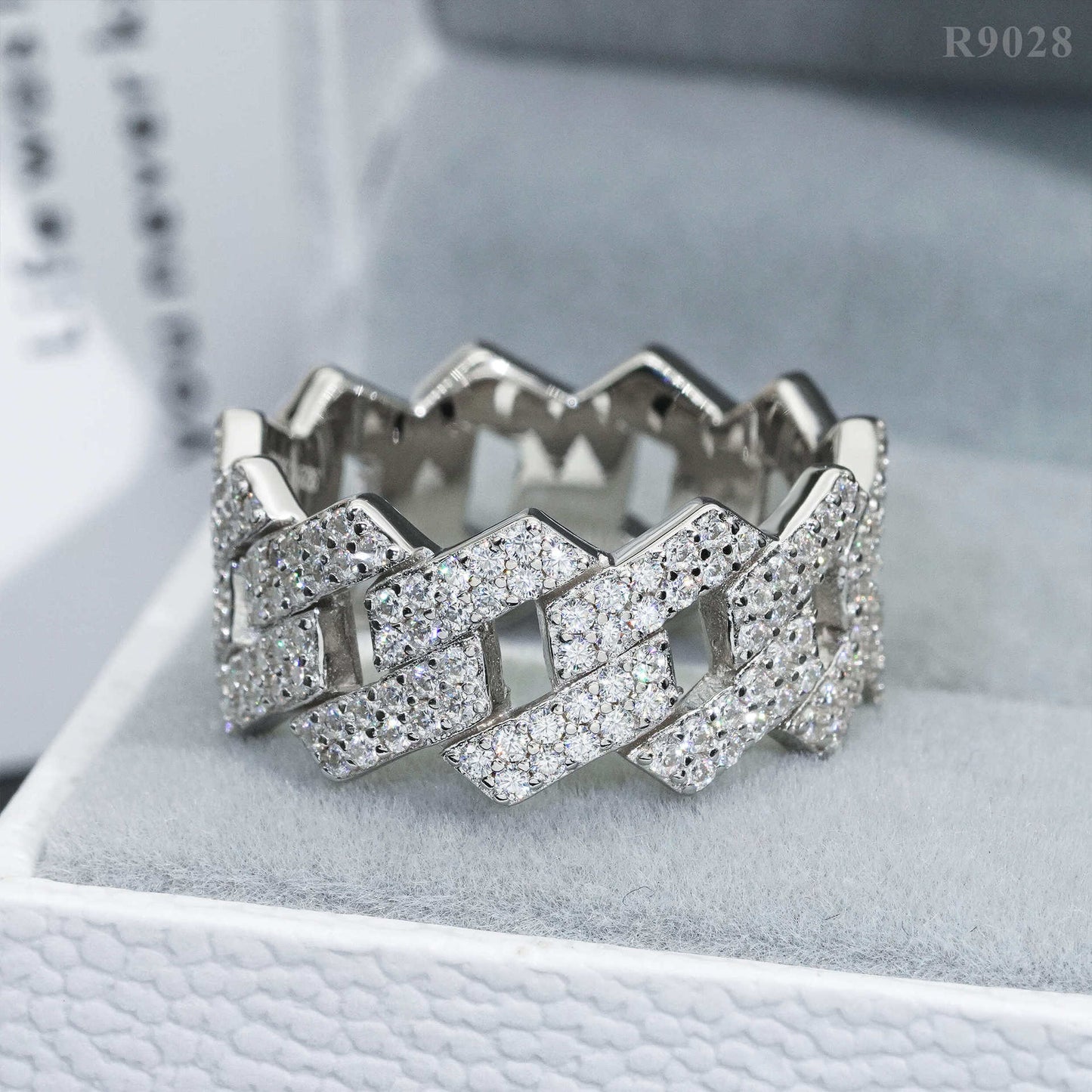  Gold 2-row cuban ring on neutral background, showing double pavé sparkle. Alt: “Moissanite 2-Row Cuban Link Ring – 18K Gold.”
