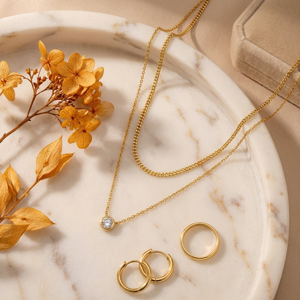Top-down, necklaces on marble tray, styled with earrings, ring, dried flower, velvet box, warm soft tones, balanced composition, clean e-commerce aesthetic, high resolution.