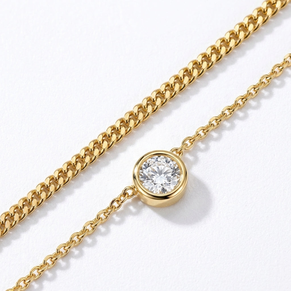 Macro, layered necklaces in 45° diagonal parallel layout, even spacing, mirror-polished gold, bright clean lighting, sharp stone brilliance, white textured background, soft shadow, ultra-detailed.