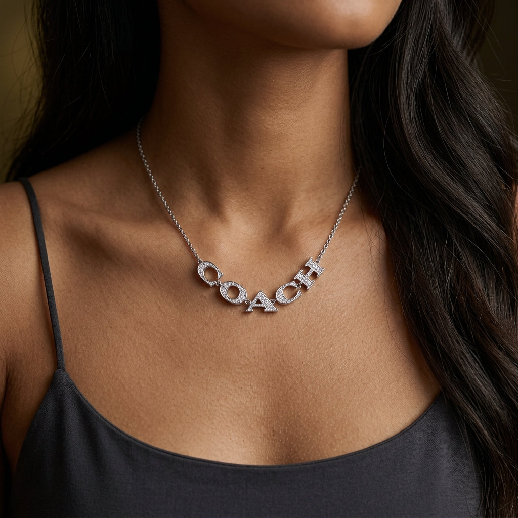 A close-up of a woman wearing a silver-tone chain necklace with the word 'COACH' spelled out in sparkling letterstones, paired with a black camisole top.