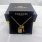 A gold-tone Coach necklace with a colorful enamel padlock and key pendant, displayed on a black Coach New York card in front of a black Coach box on a white fabric background.