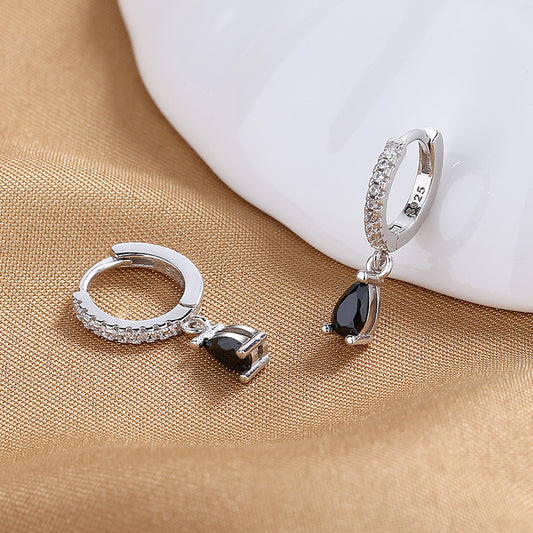  Earrings on soft black or cream background. Alt: “Natural Black Onyx Gold Hoop Earrings – 14K Gold Vermeil.”